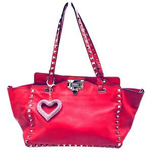 Valentino Garavani Rockstud Red Gold Studded Leather 2Way Satchel Bag Glam Rock